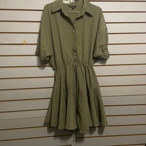 STYLE ENVY Olive Green Shirt Dress Elastic Waist Button Front Short Sleeve M